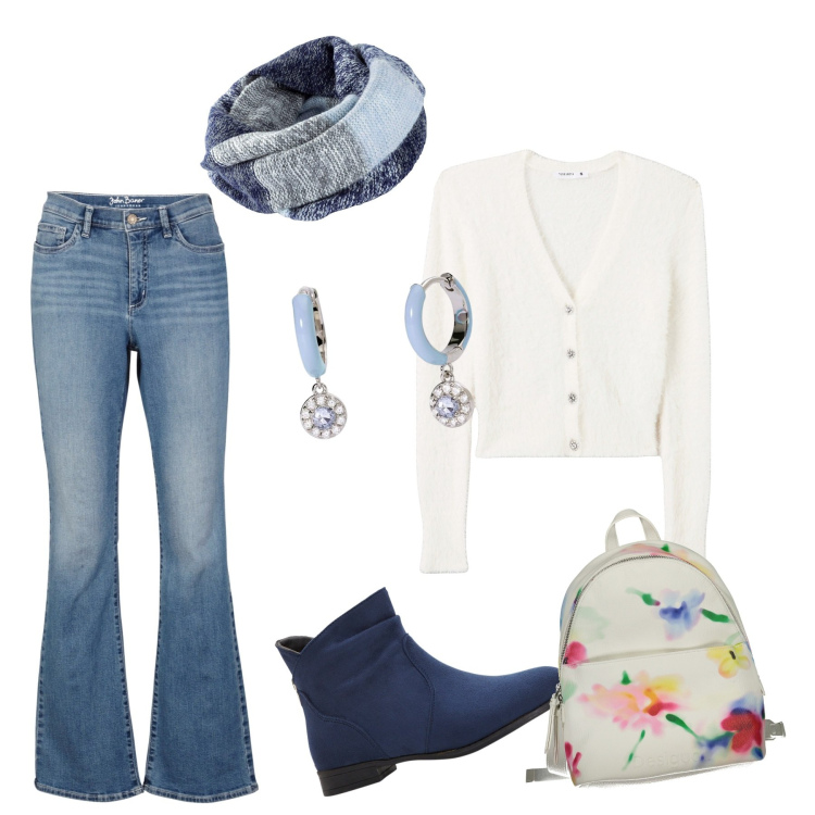 Outfit donna - Prepariamoci all\'autunno, con i fiori. Stile Casual per Tutti i giorni. Abbinamento con stivaletti, foulard, jeans bootcut, orecchini, cardigans, zaini.