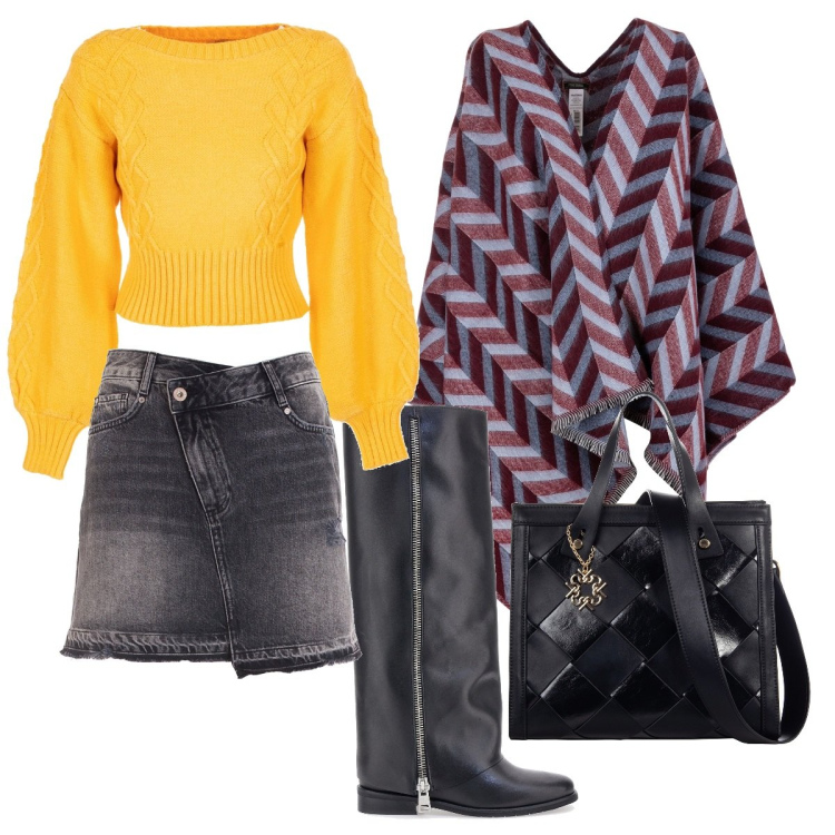 Outfit donna - Ocra e lo stivale must have. Stile Trendy per Tutti i giorni. Abbinamento con borse a mano, maglieria, gonne, cappe, stivali.