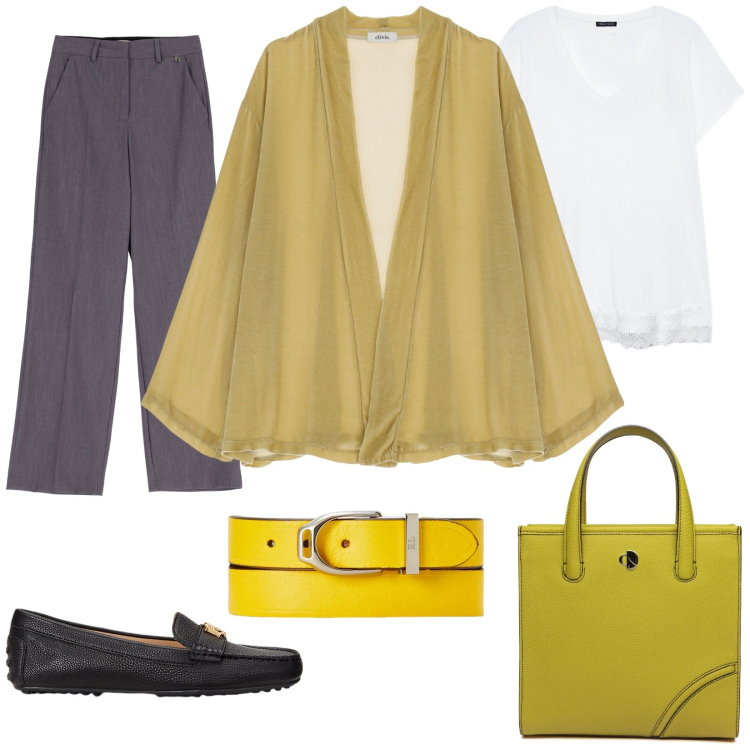 Outfit donna - Must-have essenziale. Stile Chic per Tutti i giorni. Abbinamento con blazer, pantaloni, mocassini, braccialetti, t-shirt, shopping bag.