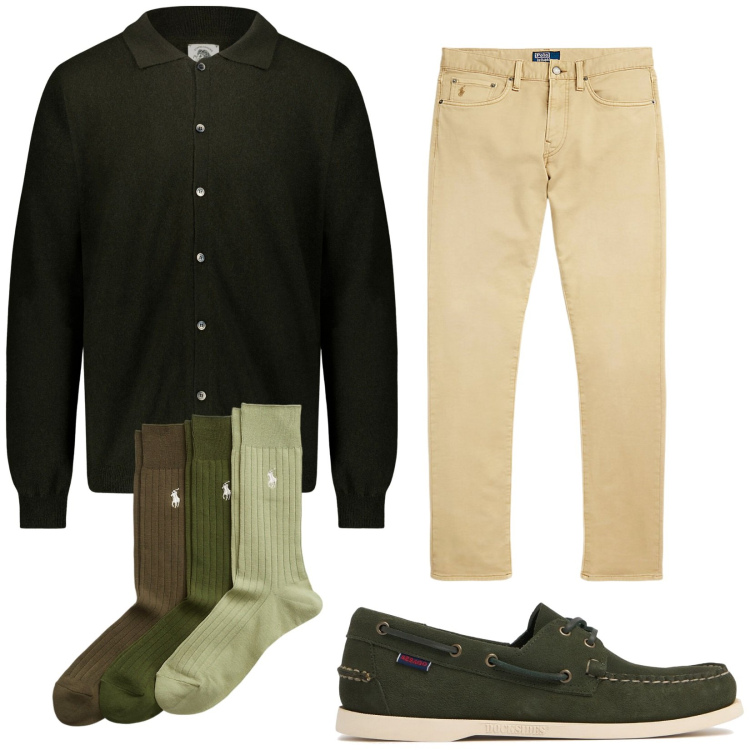 Outfit uomo - La polo camicia. Stile Trendy per Tutti i giorni. Abbinamento con pantaloni chino, calzini, polo, scarpe stringate.