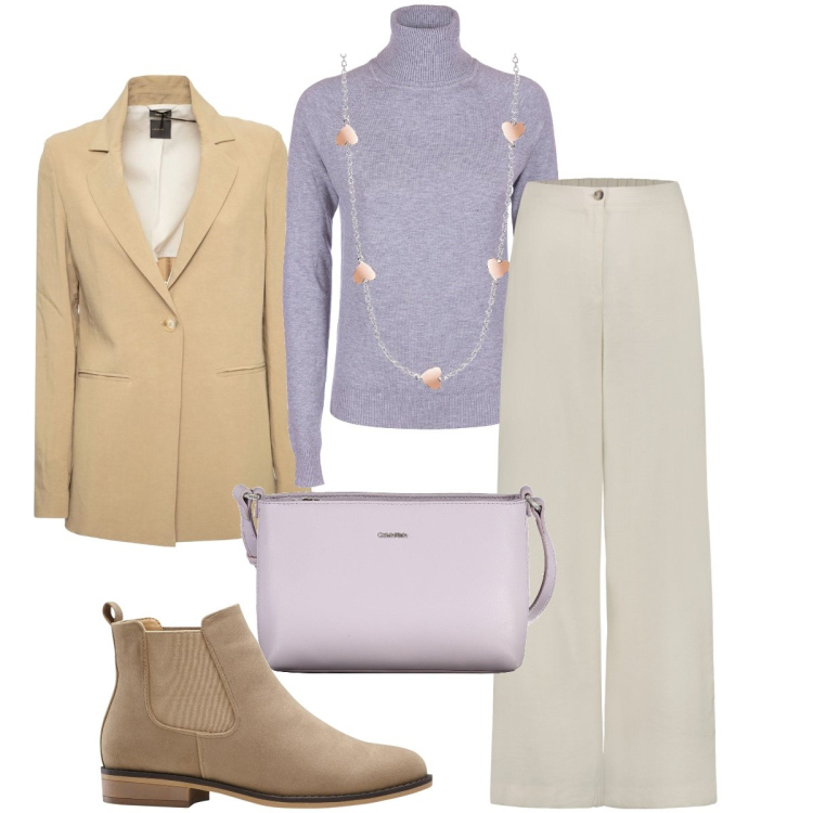 Outfit donna - La dolcevita lilla. Stile Mannish per Ufficio. Abbinamento con stivaletti chelsea, collane, maglieria, pantaloni, blazer, borse a tracolla.