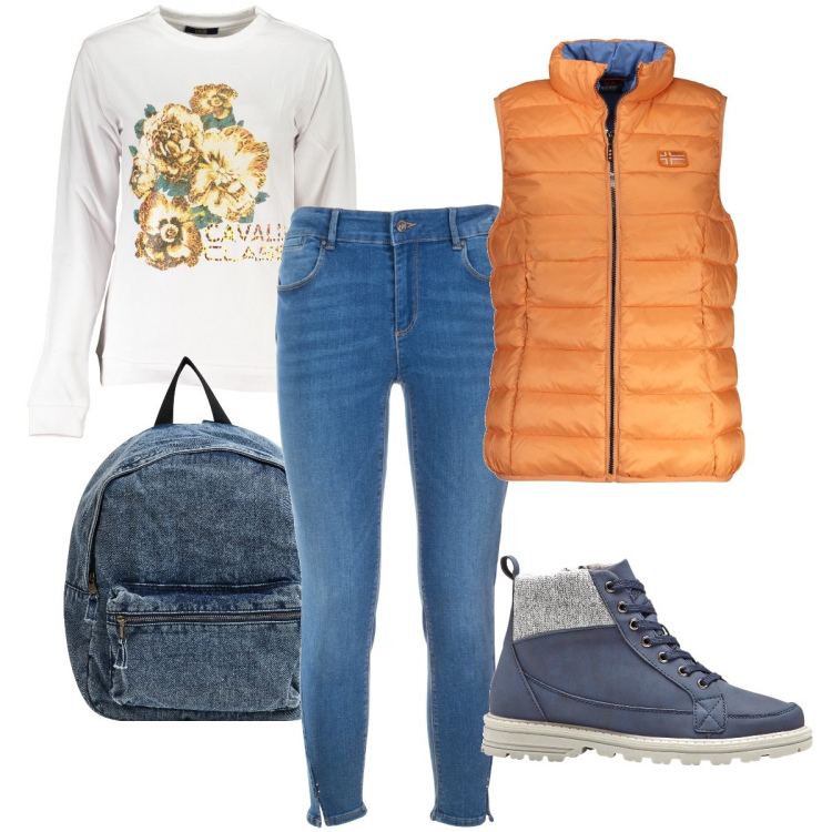 Outfit donna - Venerdì a scuola. Stile Basic per Scuola/Università. Abbinamento con stivaletti, zaini, jeans, blazer, felpe.