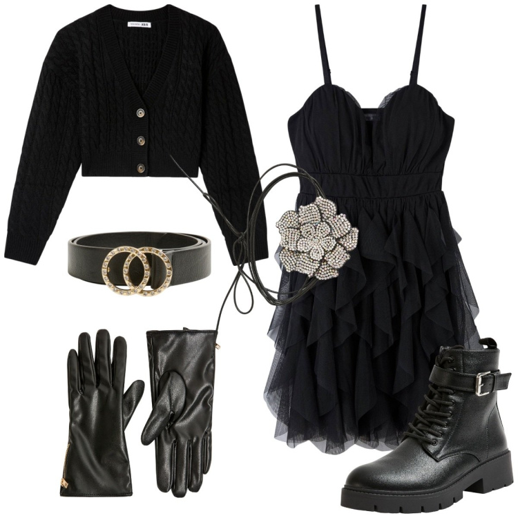 Outfit donna - Halloween con Terranova. Stile Glamour per Serata fuori. Abbinamento con cardigans, collane, vestiti corti, cinture, anfibi, guanti.