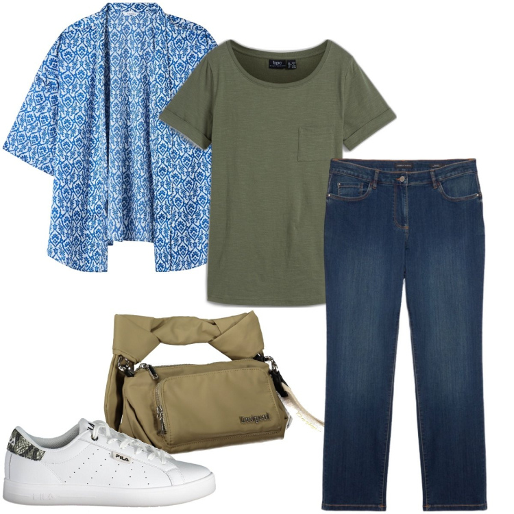 Outfit donna - Coworking vicino casa. Stile Basic per Ufficio. Abbinamento con t-shirt, blazer, jeans dritti, sneakers, borse a spalla.
