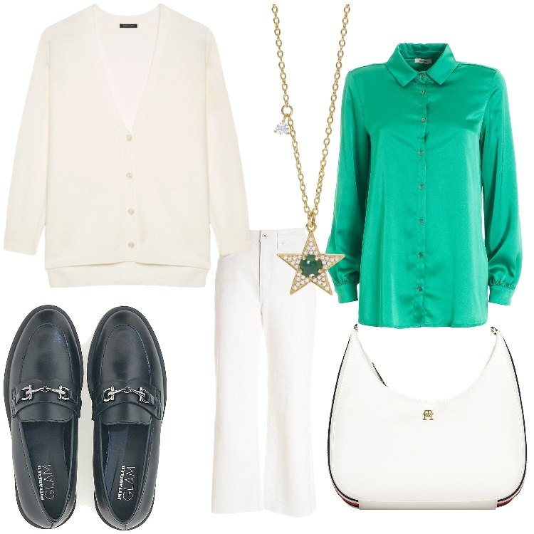 Outfit donna - Bianco verde. Stile Casual chic per Ufficio. Abbinamento con collane, camicie, pantaloni culotte, mocassini, borse a tracolla, cardigans.