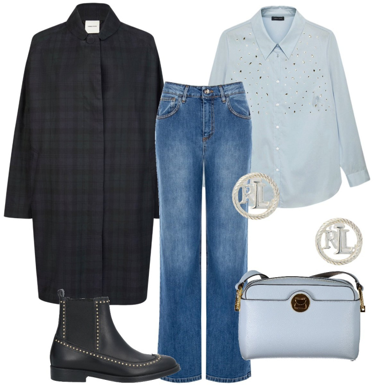 Outfit donna - Lo spolverino a quadri. Stile Casual chic per Ufficio. Abbinamento con stivaletti chelsea, jeans, orecchini, trench, camicie, borse a tracolla.