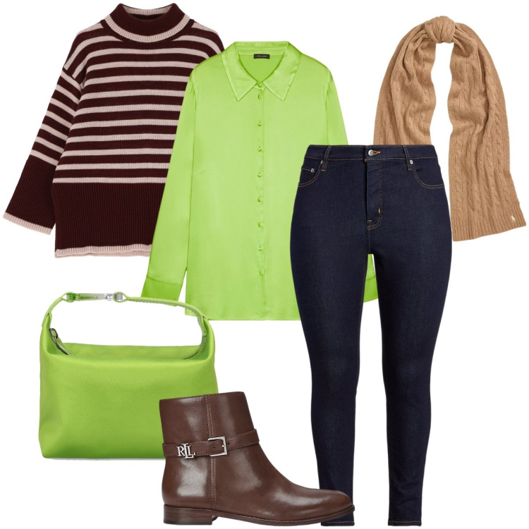 Outfit donna - Dettagli verde acido. Stile Casual chic per Tutti i giorni. Abbinamento con maglieria, sciarpe, jeans skinny, stivaletti, borse a mano, camicie.