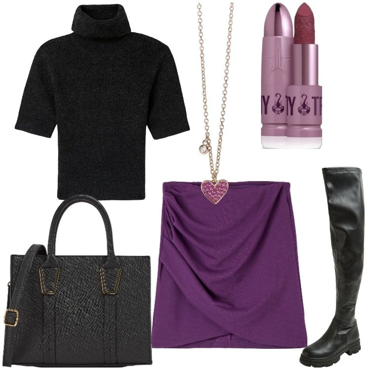 Outfit donna - Che strega. Stile Casual chic per Serata fuori. Abbinamento con rossetti, gonne, maglieria, shopping bag, stivali, collane.