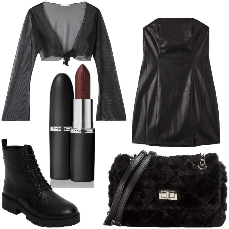 Outfit donna - Strega rock. Stile Rock per Serata fuori. Abbinamento con rossetti, vestiti midi/longuette, borse a spalla, anfibi, bolero.