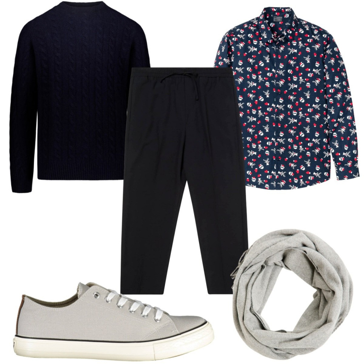 Outfit uomo - Total look #1983486. Stile Trendy per Tutti i giorni. Abbinamento con camicie, sciarpe, pantaloni, maglieria, sneakers.