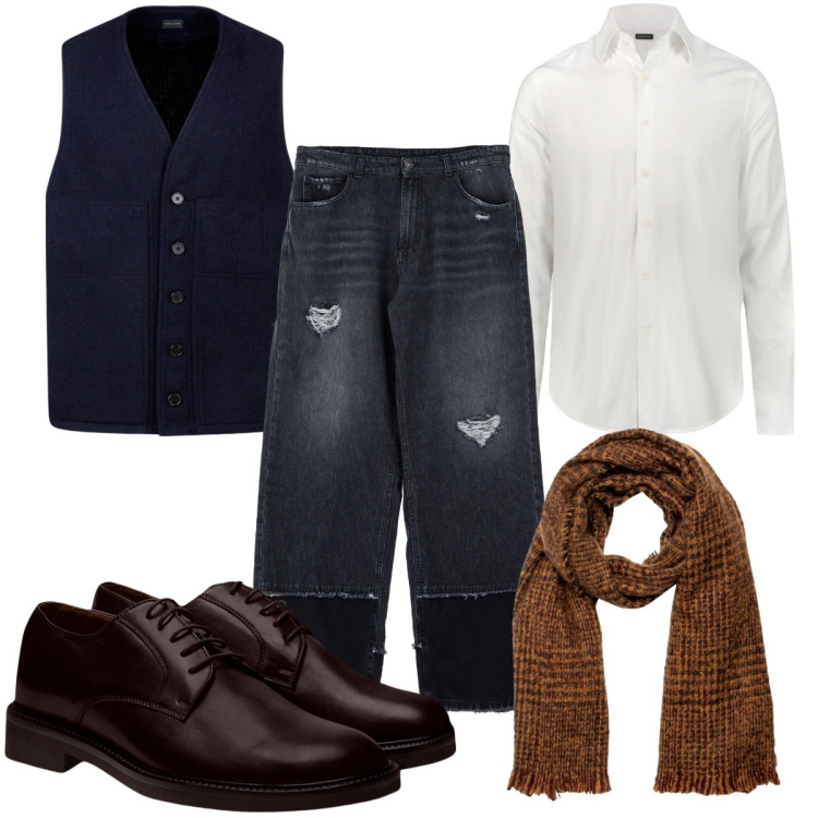 Outfit uomo - Total look #1983499. Stile Casual per Tutti i giorni. Abbinamento con jeans, gilet, sciarpe, camicie, scarpe stringate.