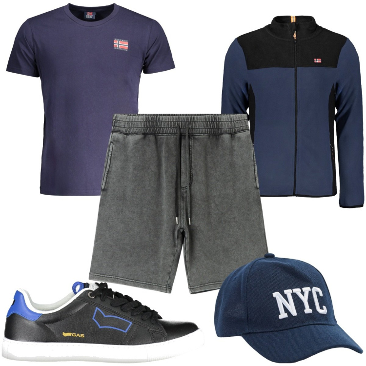 Outfit uomo - Total look #1983507. Stile Trendy per Sport. Abbinamento con pantaloni corti, cappelli, felpe, t-shirt, sneakers.