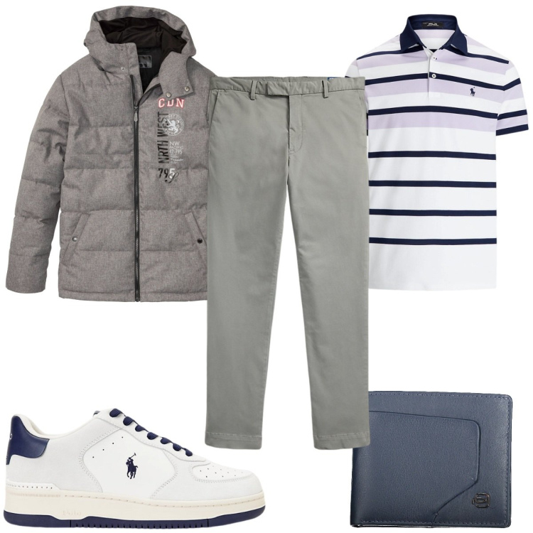 Outfit uomo - Total look #1983510. Stile Trendy per Tutti i giorni. Abbinamento con giacche, polo, sneakers, pantaloni, portafogli.