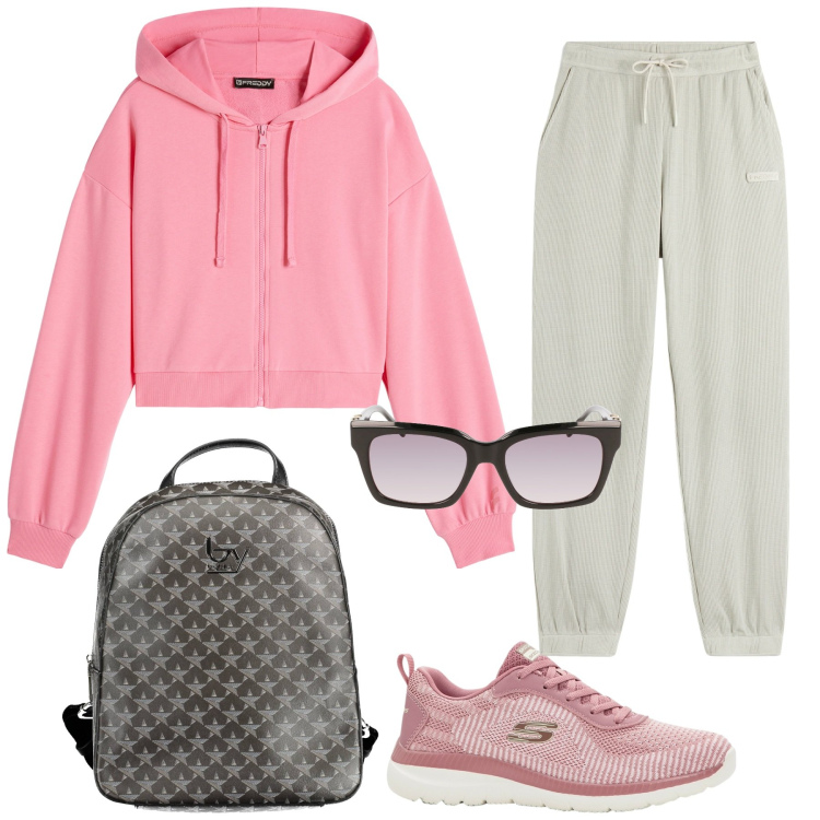 Outfit donna - Look palestra. Stile Sporty chic per Tutti i giorni. Abbinamento con sneakers, pantaloni sportivi, felpe con cappuccio, occhiali da sole, zaini.