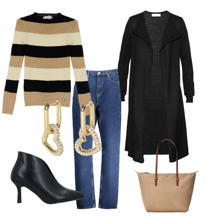 Outfit donna - Maglia a righe. Stile Casual per Ufficio. Abbinamento con stivaletti, cardigans, pullovers, orecchini, borse tote, jeans dritti.