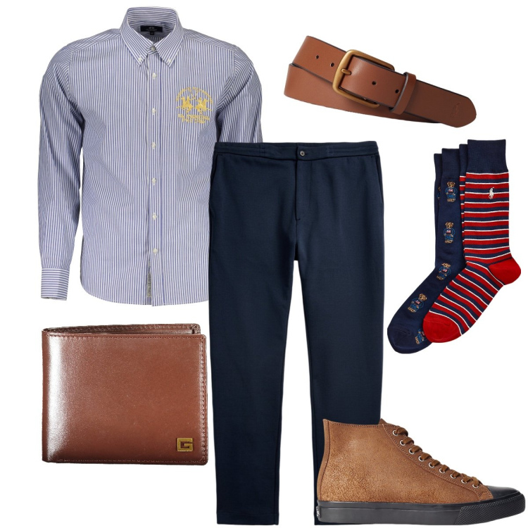 Outfit uomo - I calzini a fantasia. Stile Business/Elegante per Ufficio. Abbinamento con sneakers, calzini, cinture, pantaloni, camicie, portafogli.