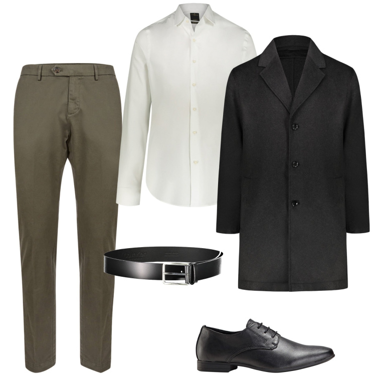 Outfit uomo - Elegante in ufficio. Stile Business/Elegante per Ufficio. Abbinamento con scarpe stringate, camicie, pantaloni chino, cappotti, cinture.