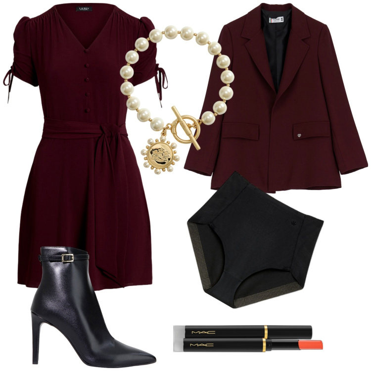 Outfit donna - Slip a vita alta. Stile Chic per Cerimonia. Abbinamento con rossetti, blazer, stivaletti, vestiti, braccialetti, culotte.