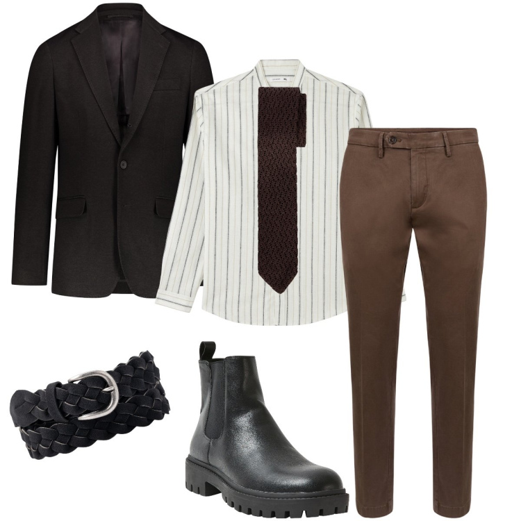 Outfit uomo - Apericena dopo il lavoro. Stile Business/Elegante per Serata speciale. Abbinamento con camicie, stivali e stivaletti, giacche, pantaloni chino, cinture, cravatte.