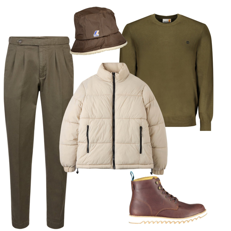Outfit uomo - Il cappello per la pioggia. Stile Casual per Tutti i giorni. Abbinamento con piumini, pantaloni, stivali, maglieria, cappelli.