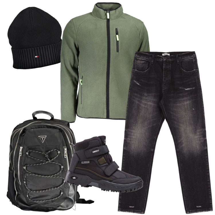 Outfit uomo - Trekking in compagnia. Stile Casual per Sport. Abbinamento con stivali e stivaletti, jeans slim fit, felpe, berretti, borse sportive.