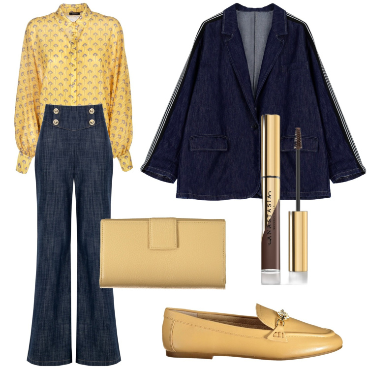 Outfit donna - Sono chic anche con i jeans. Stile Casual chic per Tutti i giorni. Abbinamento con mascara, blazer, jeans, camicie, mocassini, portafogli.