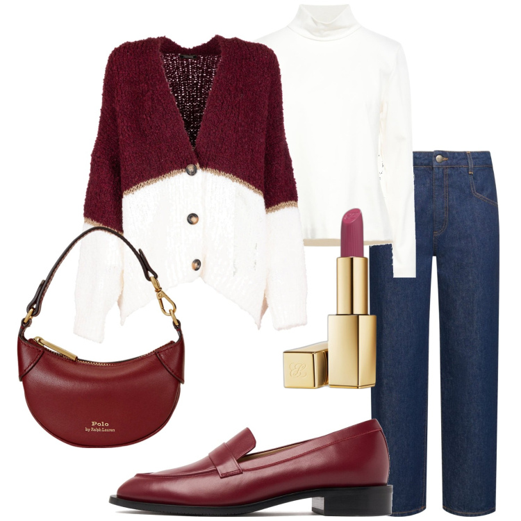 Outfit donna - Il mio autunno. Stile Casual chic per Tutti i giorni. Abbinamento con t-shirt, rossetti, cardigans, portafogli, mocassini, jeans.