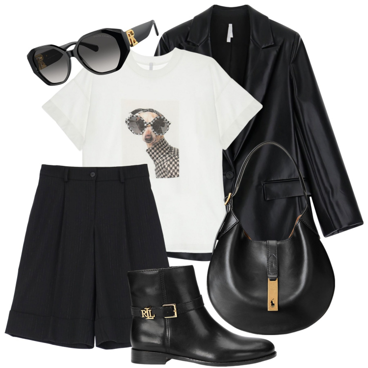 Outfit donna - Blazer in pelle. Stile Trendy per Ufficio. Abbinamento con shorts, blazer, t-shirt, occhiali da sole, borse a spalla, stivaletti.