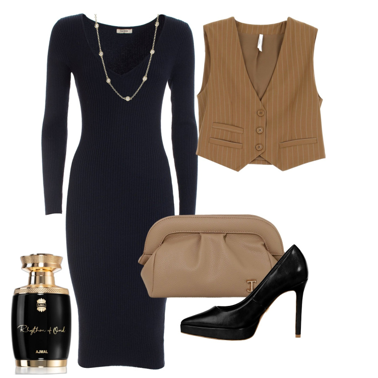Outfit donna - Il gilet sull\'abito nero. Stile Chic per Serata fuori. Abbinamento con profumi, collane, décolleté, vestiti midi/longuette, gilet, borse a mano.