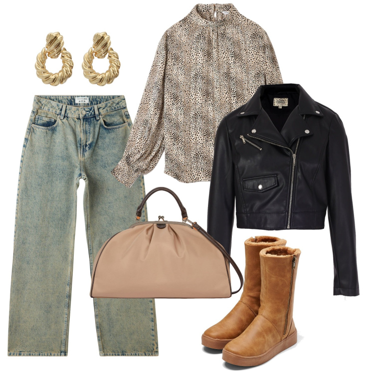 Outfit donna - Biker chic. Stile Casual chic per Tutti i giorni. Abbinamento con stivali, bluse, jeans, blazer, orecchini, borse a spalla.