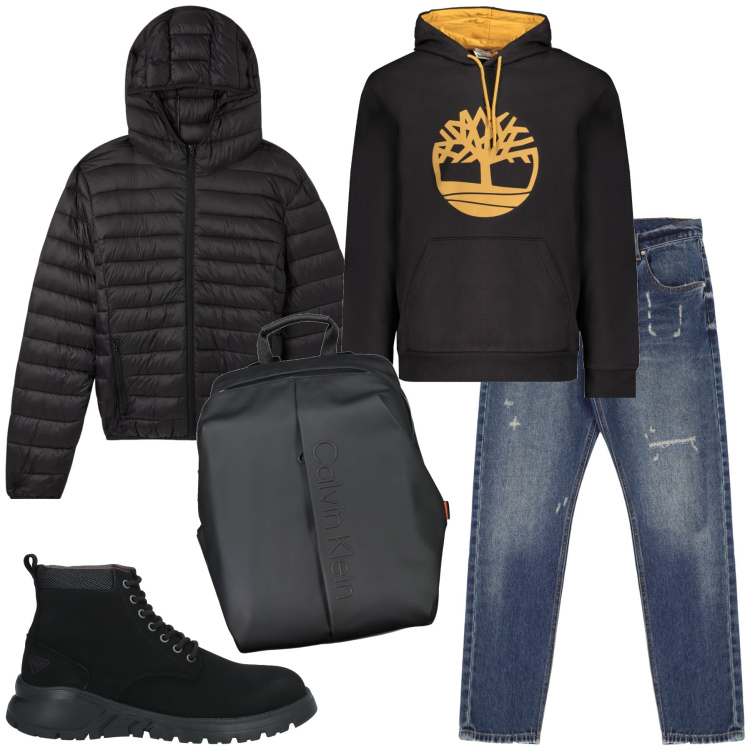 Outfit uomo - Giornata di pioggia. Stile Casual per Tutti i giorni. Abbinamento con stivali e stivaletti, jeans dritti, giacche, felpe con cappuccio, borse sportive.