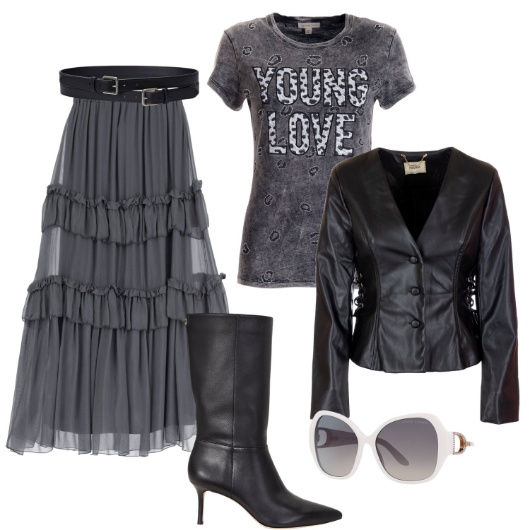 Outfit donna - Cool: gli stivali con la gonna a balze. Stile Trendy per Tutti i giorni. Abbinamento con blazer, t-shirt, gonne lunghe, stivali, occhiali da sole, cinture.