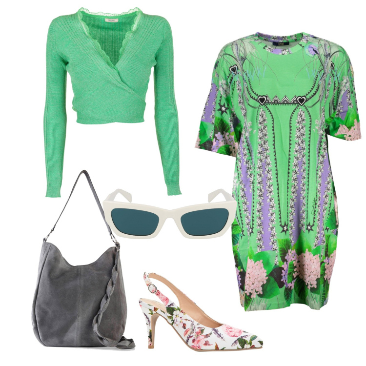 Outfit donna - Golfino cachecoeur. Stile Bon Ton per Tutti i giorni. Abbinamento con borse a mano, décolleté, maglieria, vestiti corti, occhiali da sole.