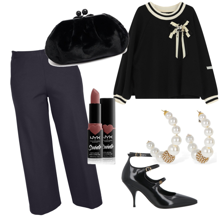 Outfit donna - Serata in maglioncino. Stile Chic per Serata fuori. Abbinamento con décolleté, rossetti, felpe, pantaloni, pochette, orecchini.