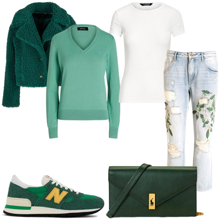 Outfit donna - Jeans fiorato per un giorno. Stile Casual chic per Tutti i giorni. Abbinamento con sneakers, jeans boyfriend, blazer, t-shirt, maglieria, clutch.