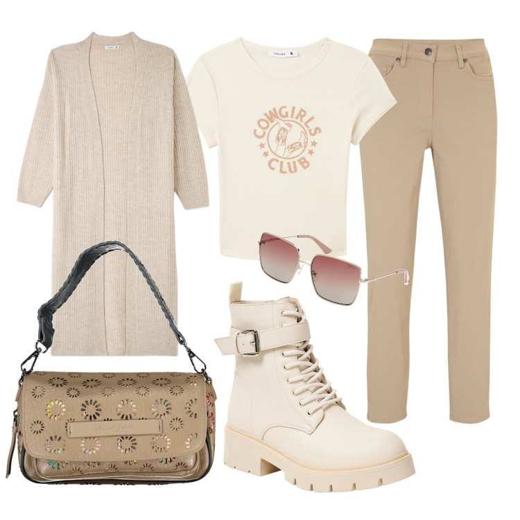 Outfit donna - Colori neutri per l\'autunno. Stile Trendy per Tutti i giorni. Abbinamento con pantaloni, t-shirt, cardigans, anfibi, borse a spalla, occhiali da sole.