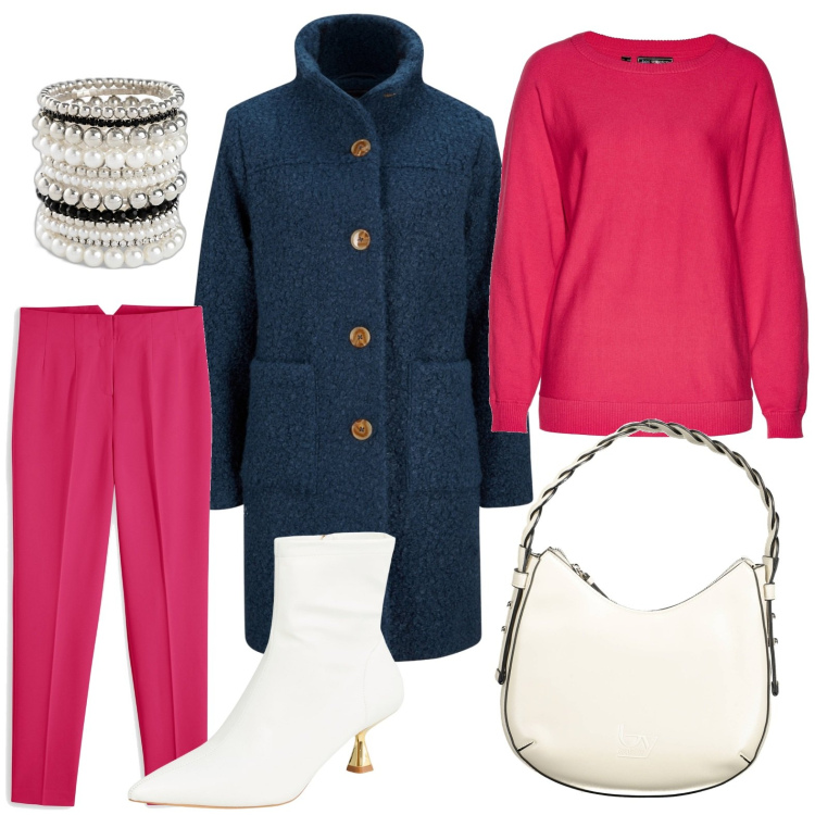 Outfit donna - Il romantico rosa. Stile Chic per Serata fuori. Abbinamento con cappotti, braccialetti, maglieria, pantaloni, stivaletti, borse a spalla.