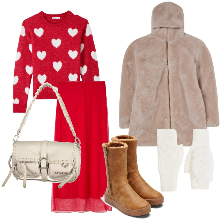 Outfit donna - Linee sinuose. Stile Casual per Scuola/Università. Abbinamento con stivali, maglieria, gonne lunghe, ecopellicce, guanti, borse a spalla.