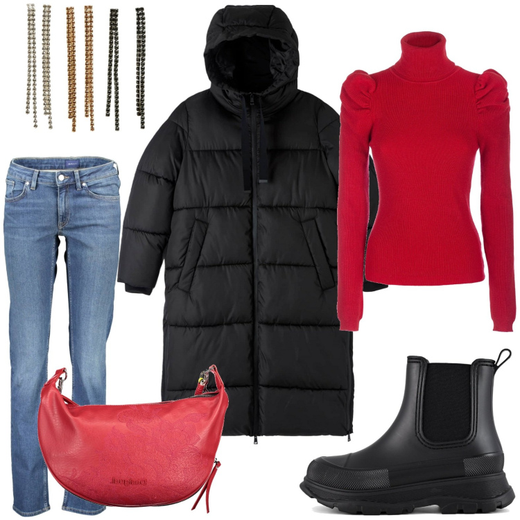 Outfit donna - Il cappotto coprente. Stile Bon Ton per Tutti i giorni. Abbinamento con piumini, orecchini, maglieria, stivali, jeans, borse a spalla.