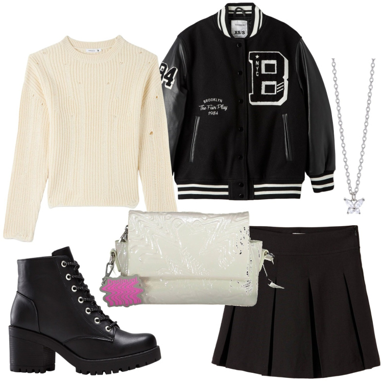 Outfit donna - High school. Stile Casual per Scuola/Università. Abbinamento con stivaletti, bomber, maglieria, gonne, collane, borse a tracolla.