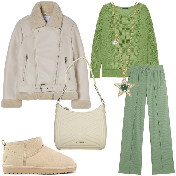 Outfit donna - Il pantalone verde erba. Stile Casual per Tutti i giorni. Abbinamento con blazer, collane, pantaloni, stivali, maglieria, borse a spalla.