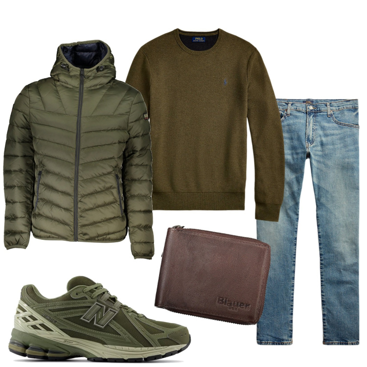 Outfit uomo - Oliva e jeans. Stile Urban per Tutti i giorni. Abbinamento con sneakers, jeans, maglieria, giacche, portafogli.