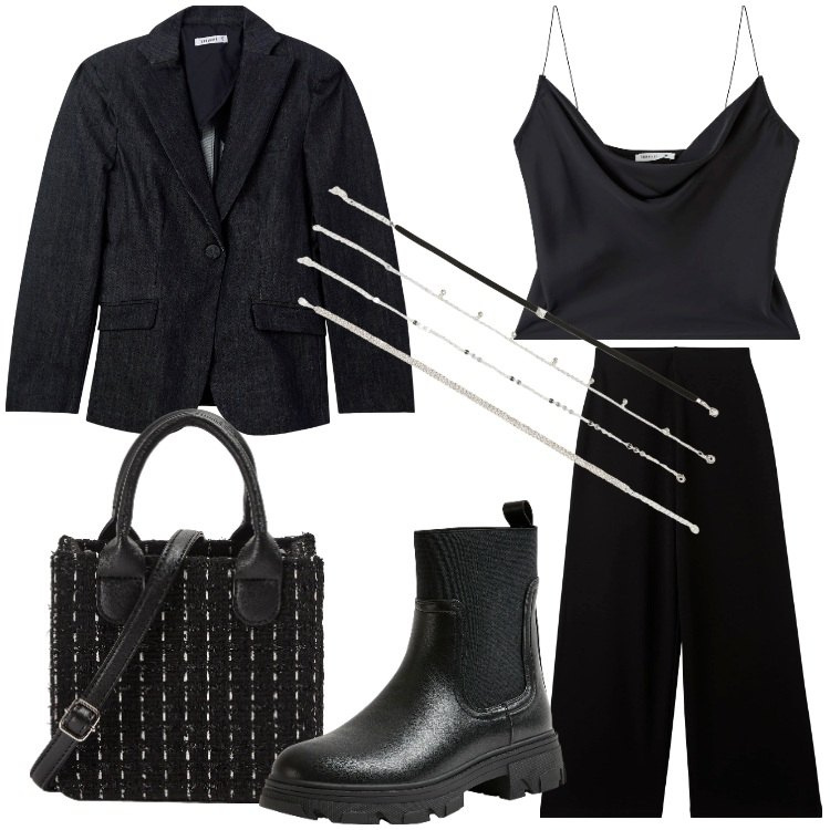 Outfit donna - Halloween con Terranova. Stile Rock per Serata fuori. Abbinamento con blazer, pantaloni, shopping bag, collane, stivaletti chelsea, top.