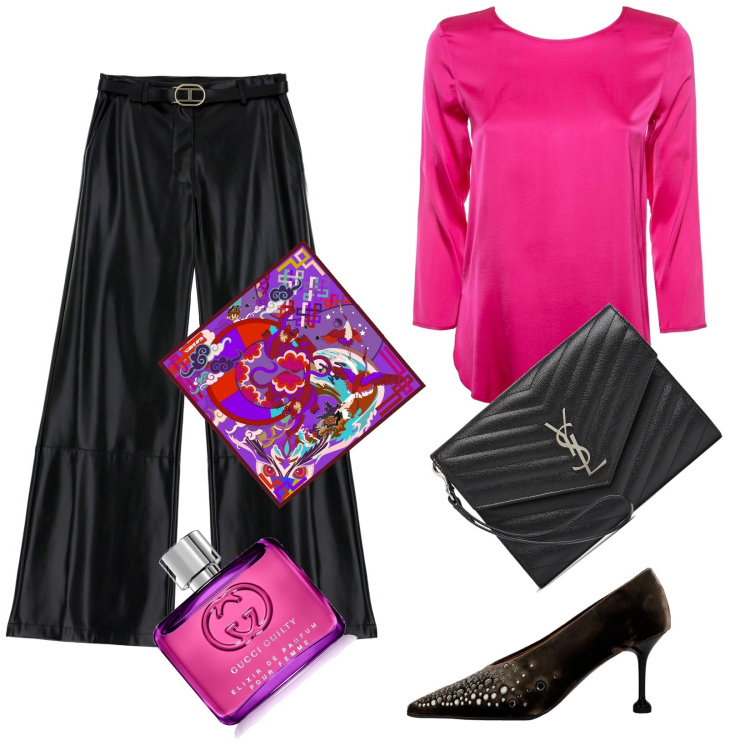 Outfit donna - Total look #1983673. Stile Chic per Serata fuori. Abbinamento con profumi, pantaloni, décolleté, pochette, bluse, foulard.