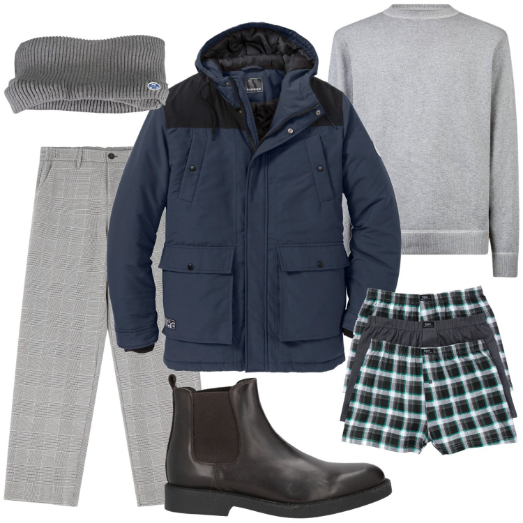 Outfit uomo - Toni del grigio. Stile Casual per Ufficio. Abbinamento con boxer, piumini, stivali e stivaletti, pantaloni, maglieria, sciarpe.