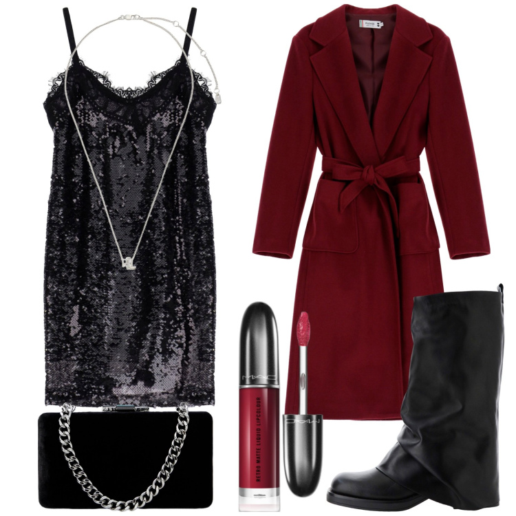 Outfit donna - 18esimo. Stile Glamour per Serata fuori. Abbinamento con rossetti, cappotti, vestiti corti, stivali, ciondoli, clutch.