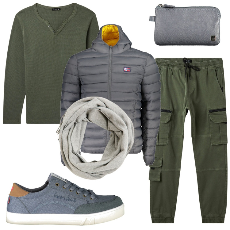 Outfit uomo - I cargo verde oliva. Stile Urban per Tutti i giorni. Abbinamento con sciarpe, t-shirt, pantaloni cargo, portafogli, giacche, sneakers.