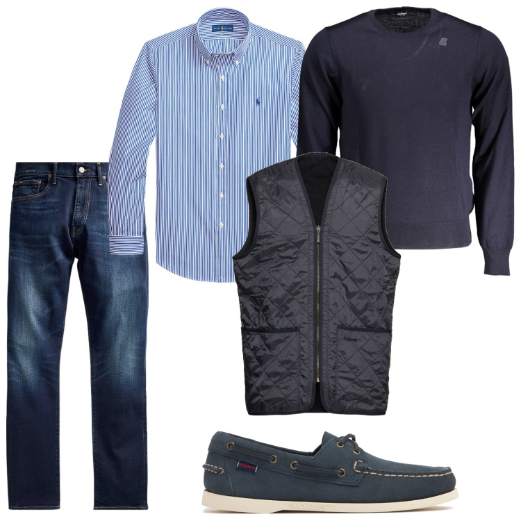 Outfit uomo - I jeans delavé. Stile Trendy per Ufficio. Abbinamento con jeans, camicie, maglieria, gilet, scarpe stringate.
