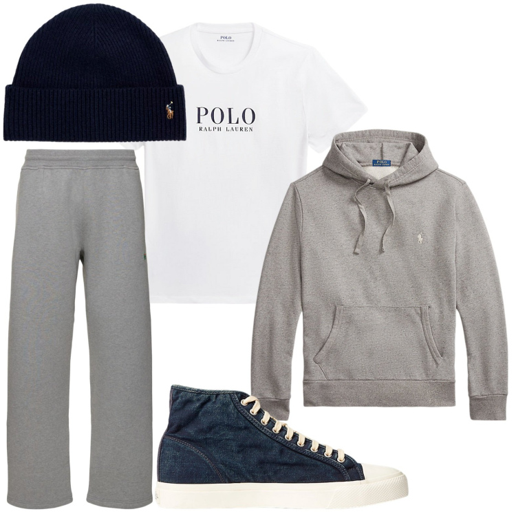 Outfit uomo - Nuance grigie. Stile Trendy per Tutti i giorni. Abbinamento con sneakers, berretti, felpe con cappuccio, t-shirt, pantaloni.