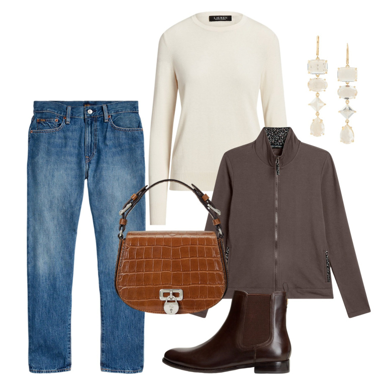 Outfit donna - Bianco neve e cacao. Stile Casual per Tutti i giorni. Abbinamento con felpe, maglieria, stivaletti chelsea, jeans, orecchini, borse a tracolla.